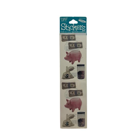Vintage New FRANCES MEYERS Money Stickers 2 Sheets Cash Coins Piggy Bank USA - Picture 1 of 2